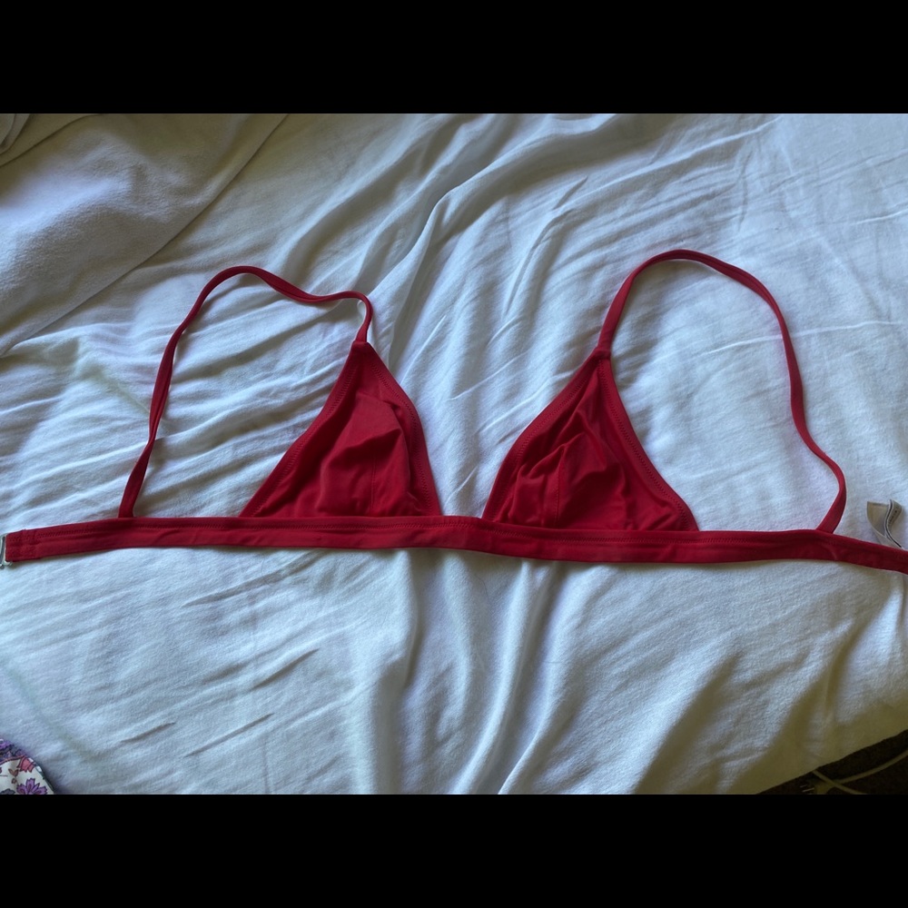Solid and striped red triangle bikini top
